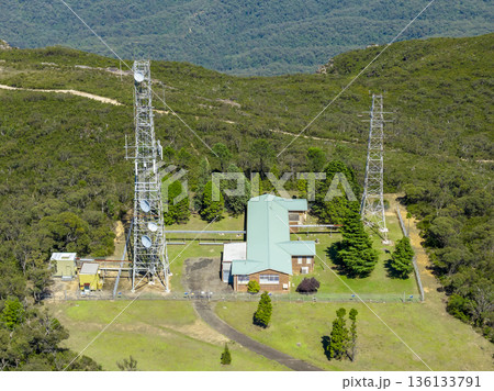 Drone photograph of a telecommunications tower facility 136133791