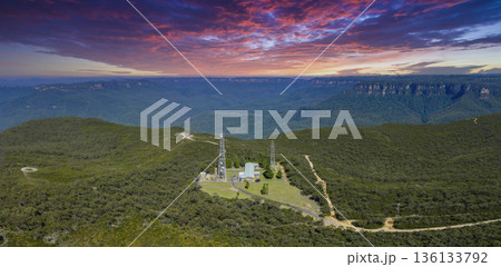 Drone photograph of a remote telecommunications facility in the mountains 136133792
