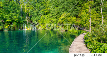 Plitvice lakes, Croatia. View of beautiful lakes, waterfalls and forest at national nature park. Plitvice lakes, Croatia. View of beautiful lakes, waterfalls and forest at national nature park. 136133818