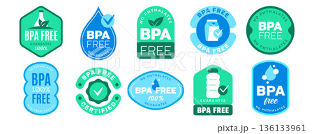 Bpa free badge logo, no bisphenol a and phthalates symbols 136133961