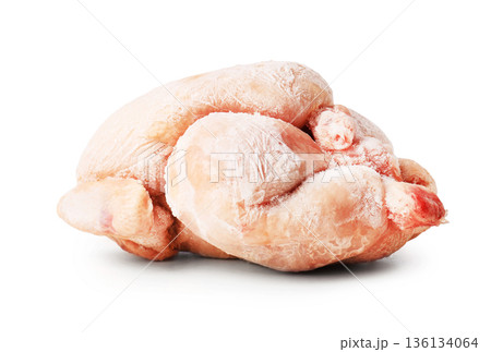 Whole frozen chicken carcass covered in ice crystals isolated on white background. Raw poultry meat ready for cooking or storage. High quality photo Whole frozen chicken carcass covered in ice crystals isolated on white background. Raw poultry meat ready for cooking or storage. High quality photo 136134064