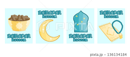 Ramadan Kareem greeting banners set with mosque silhouette, crescent moon, prayer rug, tasbih prayer beads and plate of dates for iftar Ramadan Kareem greeting banners set with mosque silhouette, crescent moon, prayer rug, tasbih prayer beads and plate of dates for iftar 136134184