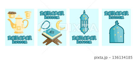 Ramadan Kareem greeting banners set with mosque silhouette, holy Quran on wooden rehal, traditional lanterns, crescent moon, tasbih prayer beads, dates for iftar, water jug and decorative cup 136134185