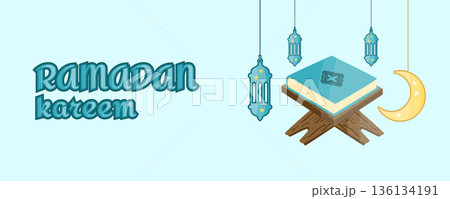Ramadan Kareem horizontal greeting banner with traditional lanterns, crescent moons and holy Quran on wooden rehal, islamic illustration Ramadan Kareem horizontal greeting banner with traditional lanterns, crescent moons and holy Quran on wooden rehal, islamic illustration 136134191