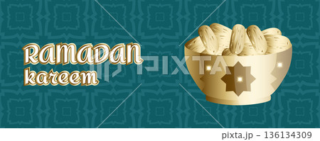 Ramadan Kareem greeting banner with golden bowl of dates and Islamic geometric pattern, Muslim fasting concept 136134309
