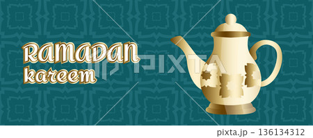 Ramadan Kareem greeting banner with golden jug and Islamic geometric pattern, traditional Muslim design 136134312