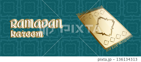 Ramadan Kareem greeting banner with golden prayer mat and Islamic geometric pattern, Muslim worship background 136134313