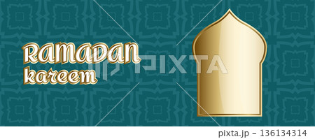 Ramadan Kareem greeting banner with golden mosque elements and Islamic geometric pattern, luxury Muslim holiday background 136134314