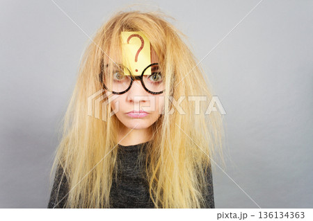 Tired crazy woman after intensive thinking Tired crazy woman after intensive thinking 136134363