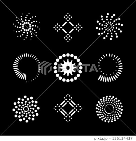 Circle and Spiral Dots Design Elements on Black Background. Circle and Spiral Dots Design Elements on Black Background. 136134437