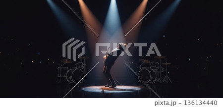 Frontman In Dramatic Backbend Spotlight, Throwing Head Back And Arms Wide As Drums Blaze, Intense Strobe Beams Cut Through Haze, Roaring Crowd Energy And HighOctane Finale Captured 136134440