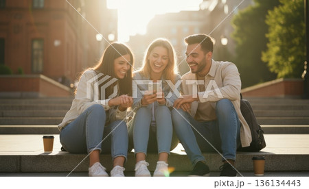 Three Diverse Friends Sitting Steps Drinking Coffee, Laughing And Sharing Travel Stories, Casual Denim And Sneakers, Warm Evening Light, Urban Square Atmosphere, Relaxed Camaraderie 136134443