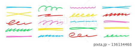 Line color brush underline set. Line underline brush hand drawn pen marker strokeswoosh, squiggle shape..Doodle scribble wavy wave highlight handwriting ink shape background. Vector 136134468