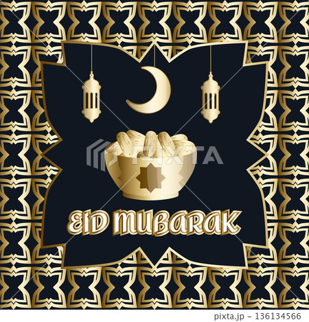 Eid Mubarak golden greeting banner with islamic pattern, plate of dates for iftar, crescent moon and traditional lanterns, elegant islamic design Eid Mubarak golden greeting banner with islamic pattern, plate of dates for iftar, crescent moon and traditional lanterns, elegant islamic design 136134566