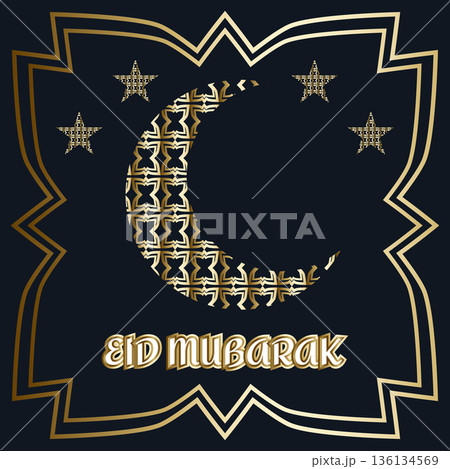 Eid Mubarak golden greeting banner with crescent moon, stars and Islamic geometric ornaments 136134569