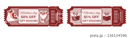 Valentines Day gift voucher and coupon set 50 percent off in retro style with gift boxes, bows and flower bouquets 136134596