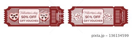 Valentines Day gift voucher and coupon set 50 percent off in retro style with chocolate boxes, hearts and envelopes Valentines Day gift voucher and coupon set 50 percent off in retro style with chocolate boxes, hearts and envelopes 136134599