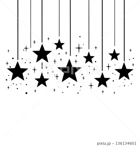 Artistic black and white stars with hanging strands and sparkling details create a whimsical atmosphere Artistic black and white stars with hanging strands and sparkling details create a whimsical atmosphere 136134601