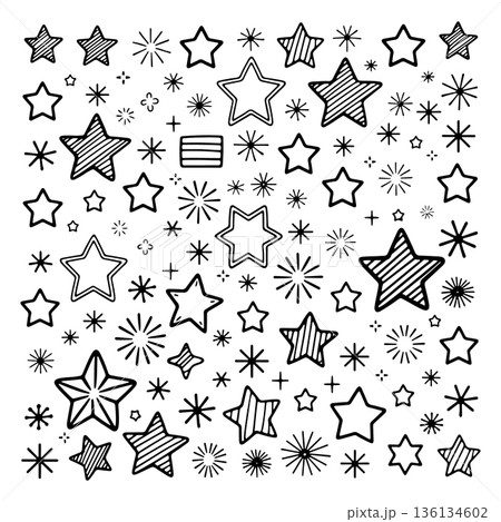 Colorful star patterns fill the background with varied shapes and sizes, creating a playful atmosphere ideal for arts and crafts projects 136134602