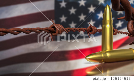 Golden Bullets and Barbed Wire Over United States Flag Concept 3d render. 136134612