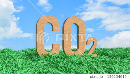 Carbon Dioxide CO2 Emissions Concept in Green Grass Field 3d render. 136134613