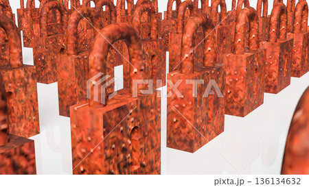 Rows of Rusty Padlocks Representing Old Security and Restriction Concept 3d render. 136134632