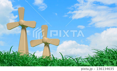 Wooden Wind Turbines in Green Field Under Blue Sky Concept 3d render. Wooden Wind Turbines in Green Field Under Blue Sky Concept 3d render. 136134635