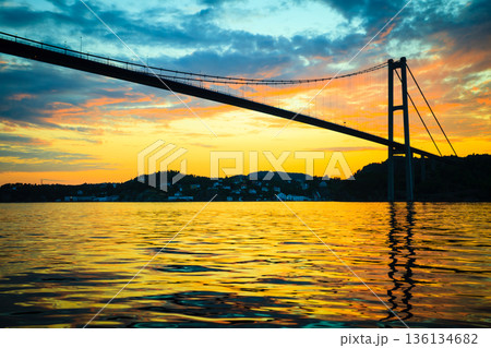 sunset over suspension bridge in Bergen, Norway sunset over suspension bridge in Bergen, Norway 136134682