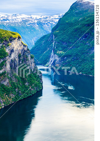 View on Geirangerfjord from Flydasjuvet viewpoint Norway View on Geirangerfjord from Flydasjuvet viewpoint Norway 136134728
