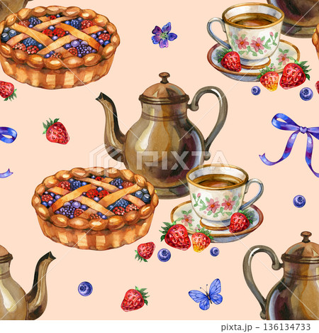 Cozy seamless watercolor pattern featuring a delicious berry pie, vintage teapot, and fresh strawberries. The nostalgic cottagecore design includes floral teacups and butterflies for a warm kitchen Cozy seamless watercolor pattern featuring a delicious berry pie, vintage teapot, and fresh strawberries. The nostalgic cottagecore design includes floral teacups and butterflies for a warm kitchen 136134733
