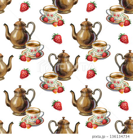 Cozy seamless watercolor pattern featuring a vintage tea set and fresh strawberries. The design includes an elegant teapot and delicate floral teacups, creating a warm, nostalgic cottagecore 136134734