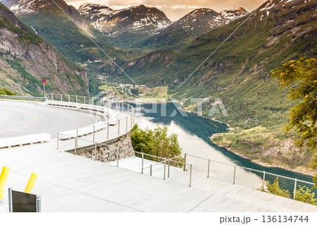 View on Geirangerfjord from Flydasjuvet viewpoint Norway View on Geirangerfjord from Flydasjuvet viewpoint Norway 136134744