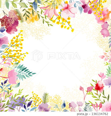 square floral spring frame with mimosa . Hand drawn. Not AI, vector illustration 136134762