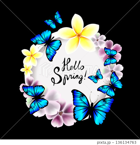 Round frame with pink flowers and butterflies. Hello spring. Hand drawn. Not AI, vector illustration. 136134763