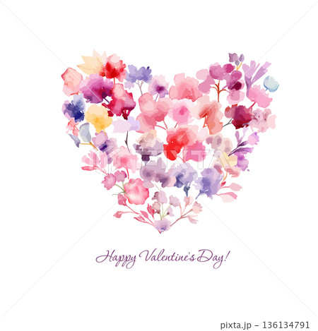 Heart of watercolor flowers. Happy Valentine s Day. Hand drawn. Not AI, vector illustration. 136134791