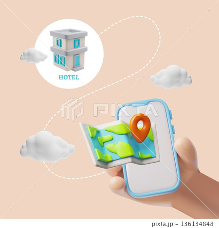 A 3D hand holding a smartphone with a map, geolocation, and shuttles to a hotel building. A 3D hand holding a smartphone with a map, geolocation, and shuttles to a hotel building. 136134848