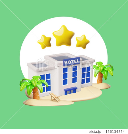 Hotel building on beach with palm trees, hotel review with three stars rating 3D vector design, tropical vacation travel Hotel building on beach with palm trees, hotel review with three stars rating 3D vector design, tropical vacation travel 136134854