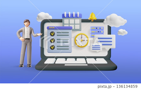 Businessman showing workspace on laptop 3D vector, online tools for productive tasks, time management planning software 136134859