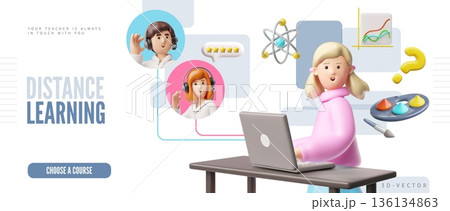 Distance learning 3D vector landing page, schoolgirl with laptop studying on course with teachers, online education 136134863
