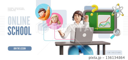 A 3D banner featuring a teacher at a desk with a laptop, students on the screen, and a blackboard. 136134864