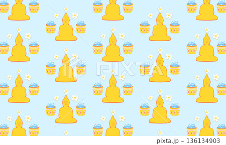 Songkran Seamless Pattern with Water Jar, Buddha Statue, Flowers and Water Splashes Songkran Seamless Pattern with Water Jar, Buddha Statue, Flowers and Water Splashes 136134903