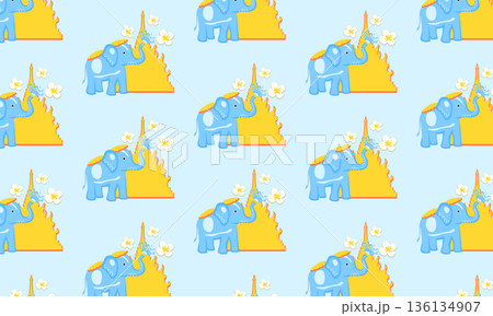 Songkran Seamless Pattern with Elephant, Temple, Flowers and Water Splashes 136134907