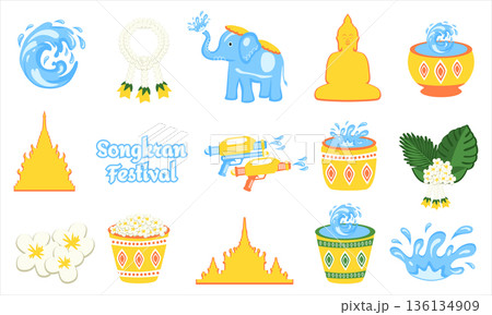 Songkran Festival Vector Illustration Set Thai New Year Water Festival Elements with Buddha Statue, Temple Silhouettes, Water Splashes, Elephant, Floral Garlands and Water Guns 136134909