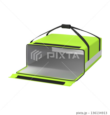 Pizza, fast food takeaway food delivery courier handle bag, 3D green thermal box container opens from the side Pizza, fast food takeaway food delivery courier handle bag, 3D green thermal box container opens from the side 136134913