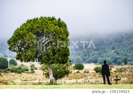 Sad Hill Cemetery with cowboy silhouette, Spain Sad Hill Cemetery with cowboy silhouette, Spain 136134925