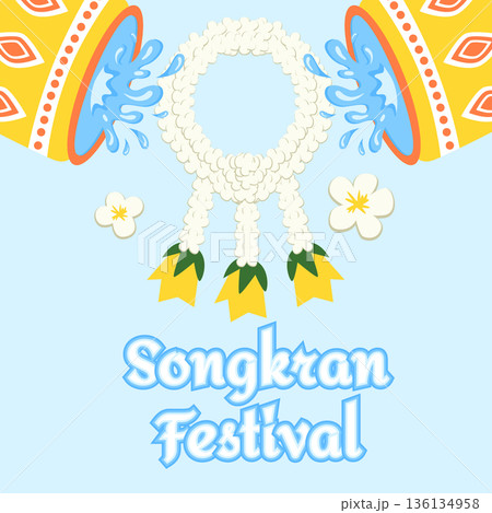 Songkran Thai New Year Greeting Card Banner with Water Splashes, Water Buckets and Floral Decorations 136134958