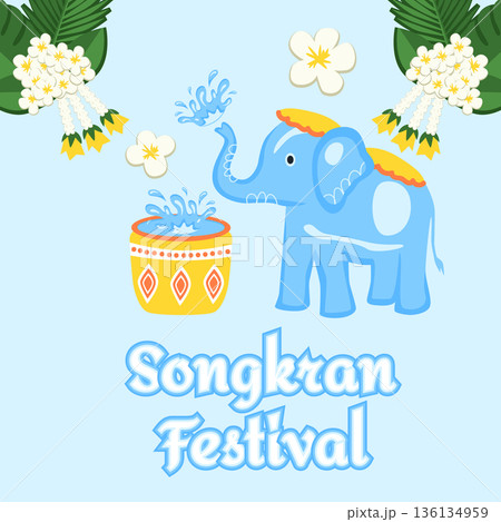 Songkran Thai New Year Greeting Card Banner with Water Splashes, Elephant and Tropical Flowers 136134959