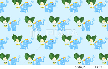 Songkran Seamless Pattern with Elephant, Flowers and Water Splashes 136134962