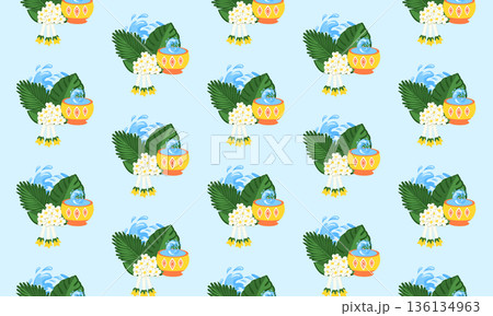 Songkran Seamless Pattern with Traditional Water Jar, Flowers and Water Splash Effects 136134963