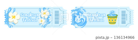 Set of entry tickets for Songkran Water Festival, Thai New Year celebration, with water splashes, buckets of water, tropical flowers and floral decorations, traditional summer festival concept 136134966